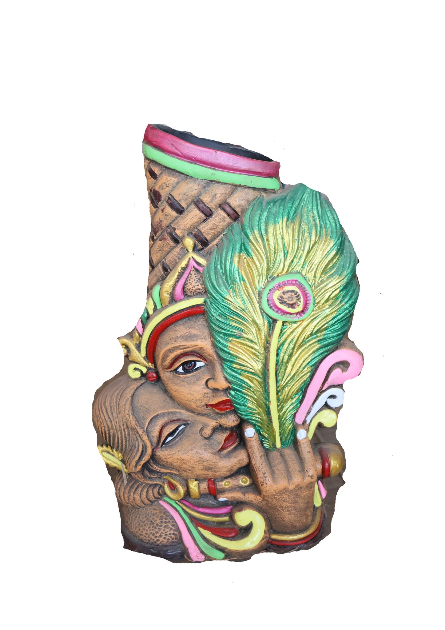 Handcrafted Radha Krishna Flower Vase with Peacock Feather