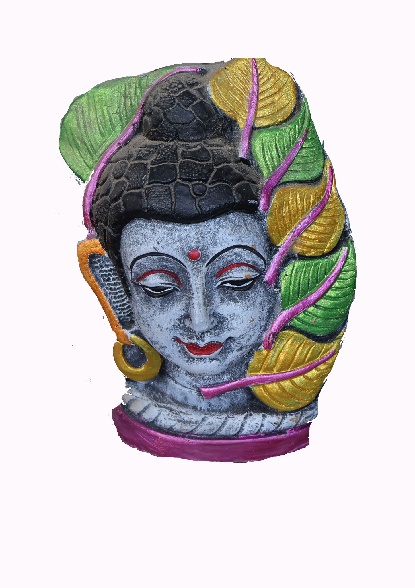 Serene Buddha Head Flower Vase with Leaf Embellishments