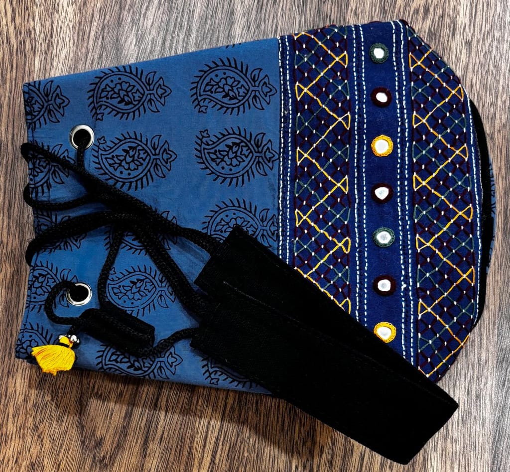 Handcrafted Blue Paisley Print Shoulder Bag - Embroidered Detailing