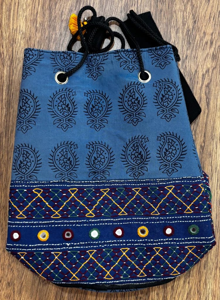 Handcrafted Blue Paisley Print Shoulder Bag - Embroidered Detailing