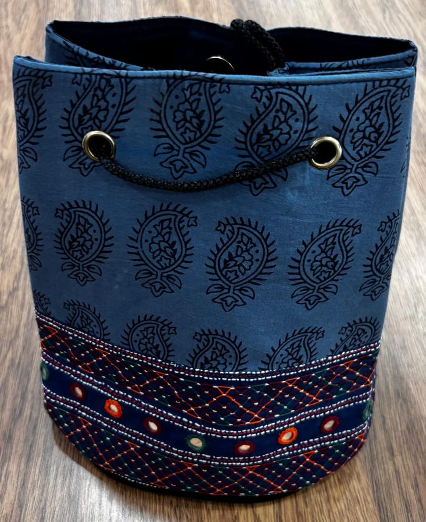 Handcrafted Blue Paisley Print Shoulder Bag - Embroidered Detailing