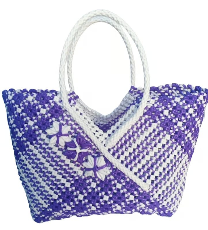 Handmade Woven Tote Bag - Purple and White