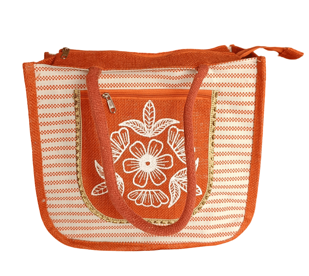 Orange Colour Jute Tote Bag with Zipper Closure - Handbags | Buy online on ZillyBuy