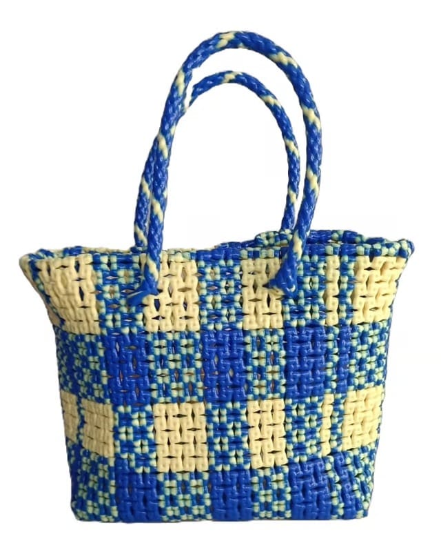 Handwoven Blue & Cream Checkered Tote Bag