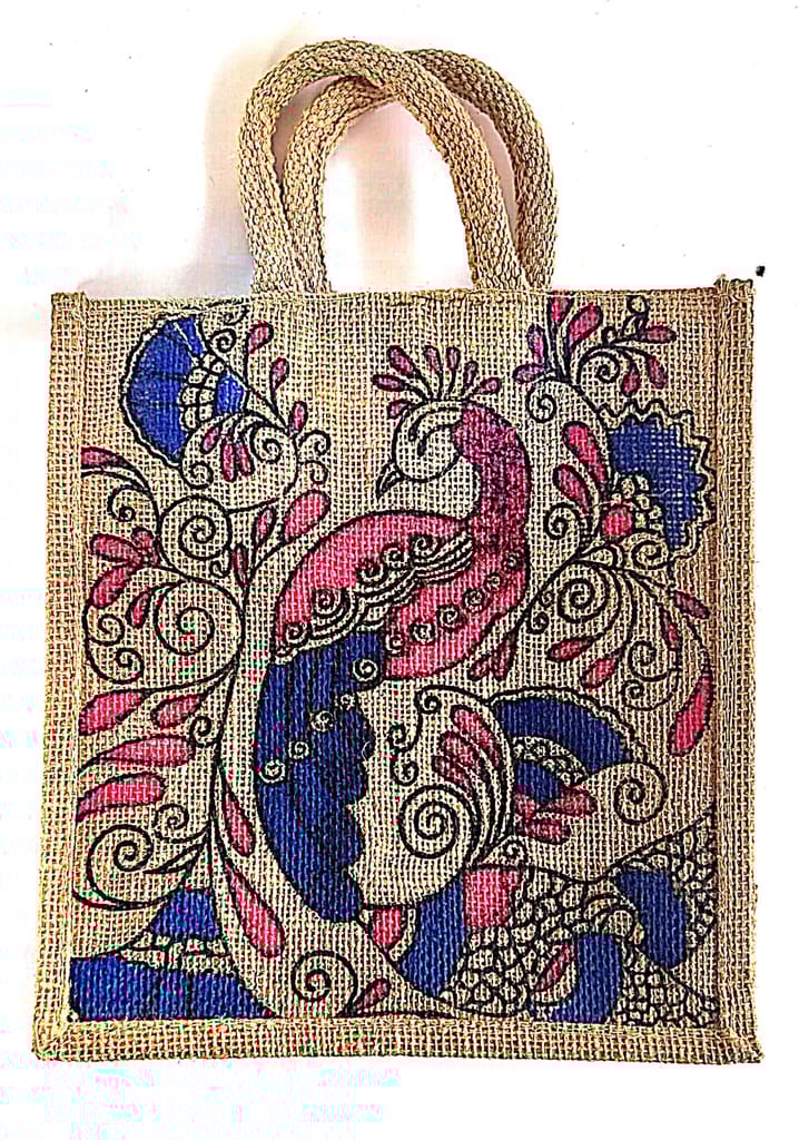 Hand-Painted Jute Peacock Tote Bag - Eco-Friendly & Stylish