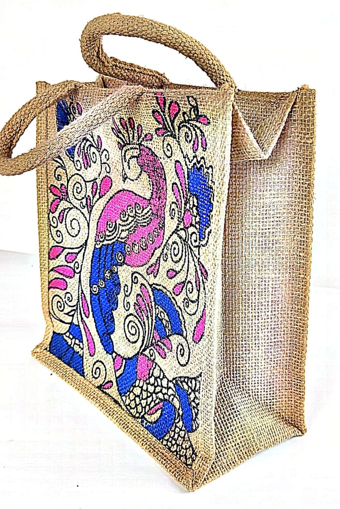 Hand-Painted Jute Peacock Tote Bag - Eco-Friendly & Stylish