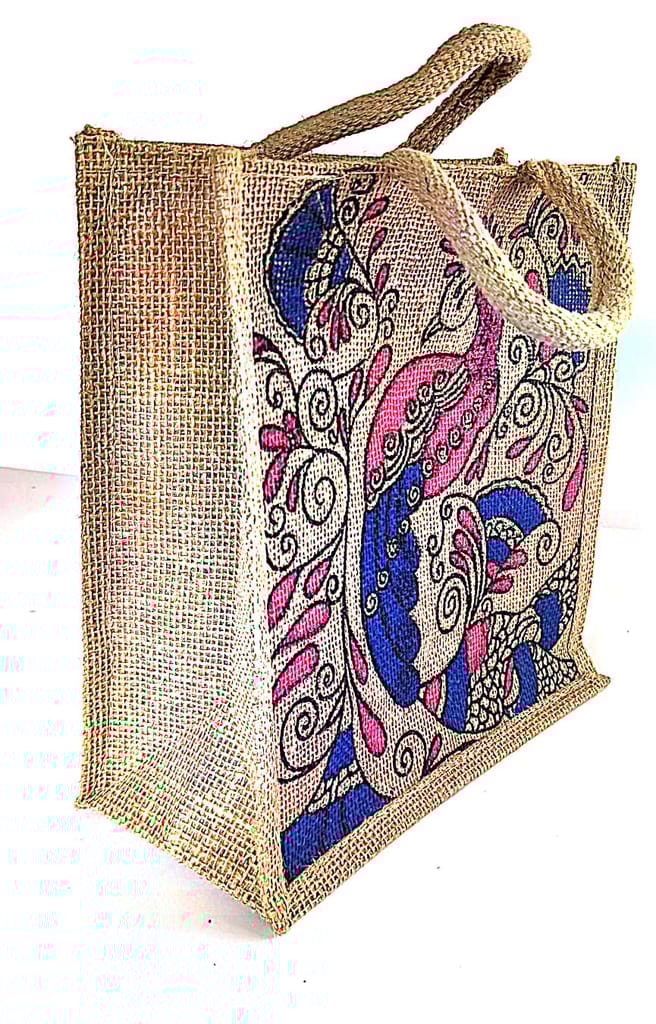 Hand-Painted Jute Peacock Tote Bag - Eco-Friendly & Stylish