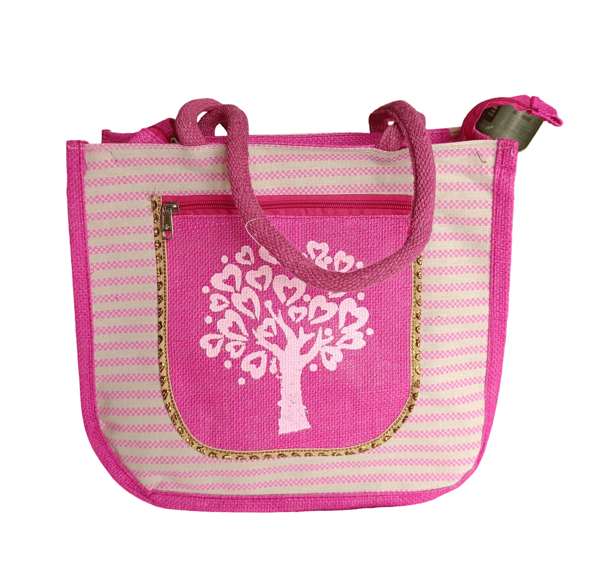 Pink Jute Handbag with Tree of Life Design