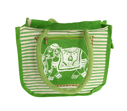 Green Elephant Jute Bag - Eco-Friendly Tote with Rope Handles