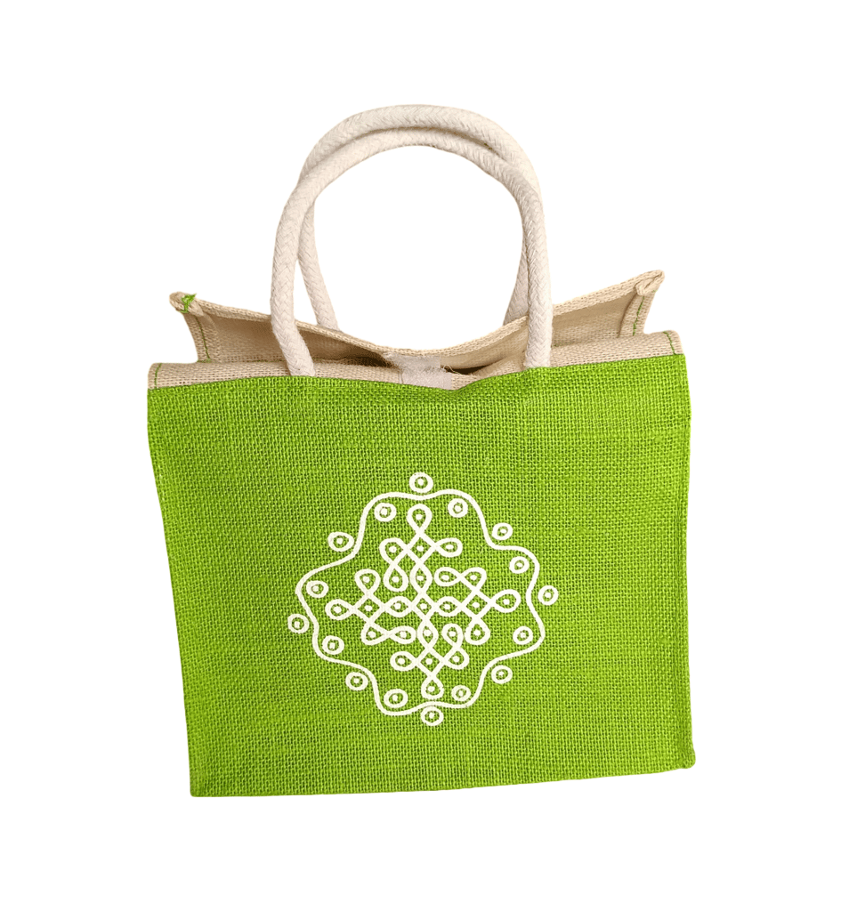 Green Jute Tote Bag with White Motif - Handbags | Buy online on ZillyBuy