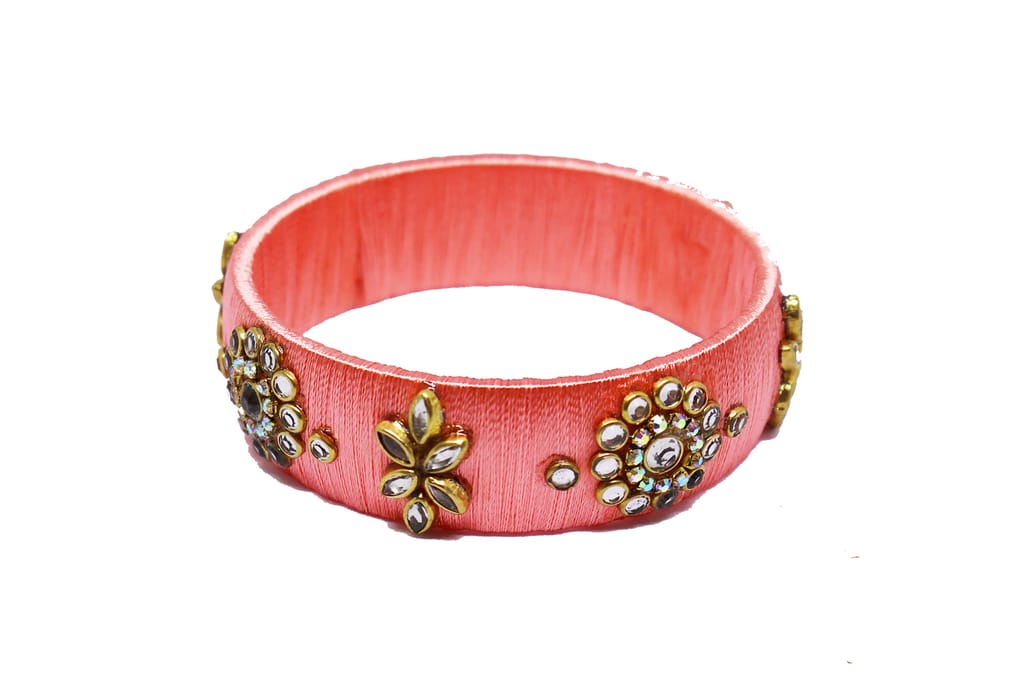 Peach Silk Thread Bangles with Rhinestones and Floral Embellishments