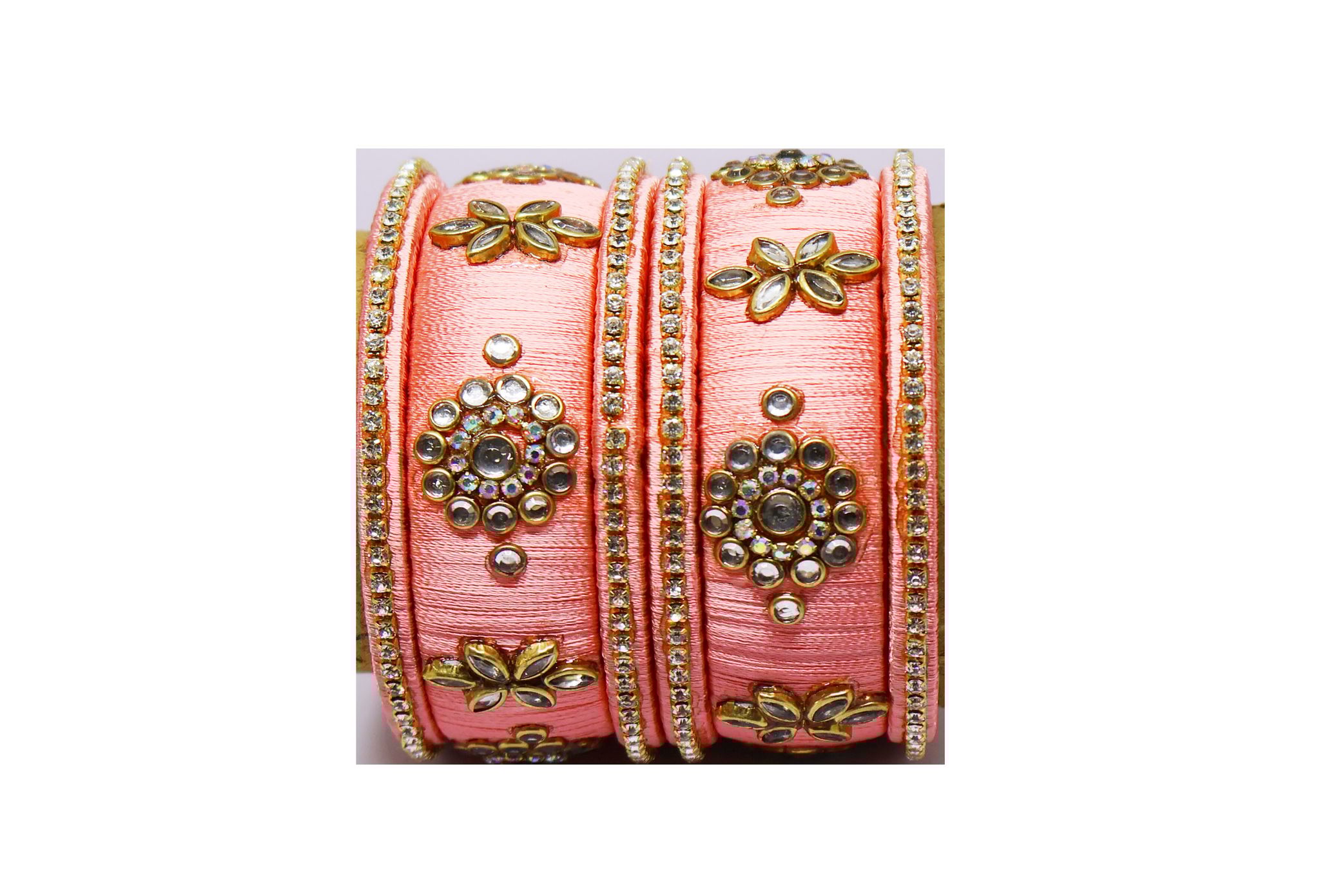 Peach Silk Thread Bangles with Rhinestones and Floral Embellishments