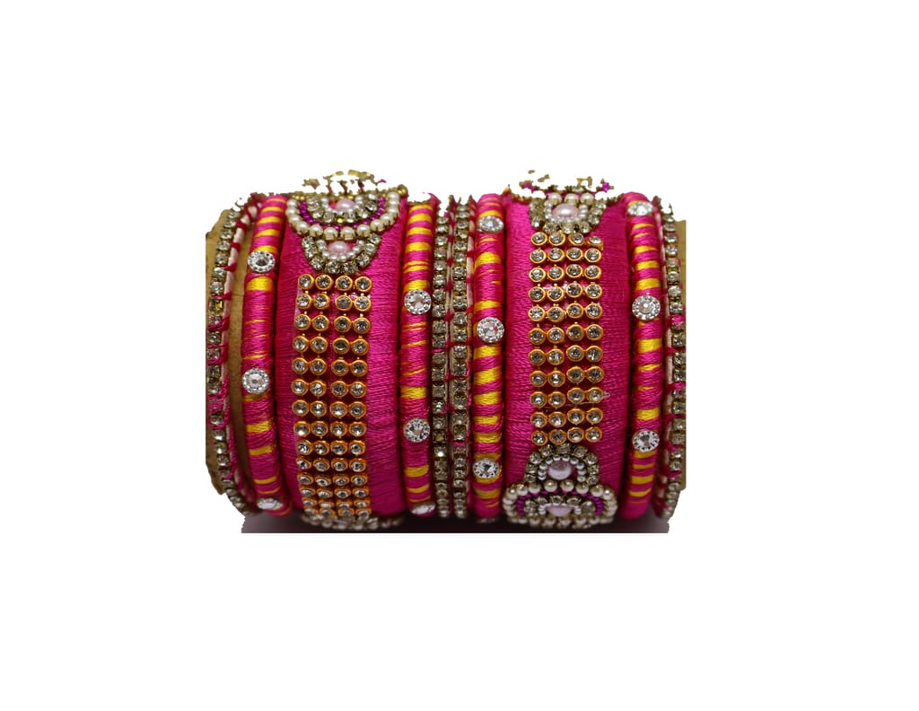 Pink Silk Thread Bangles with Rhinestones & Pearls