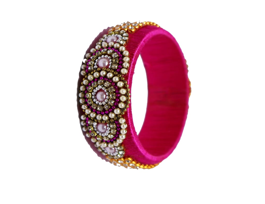 Pink Silk Thread Bangles with Rhinestones & Pearls