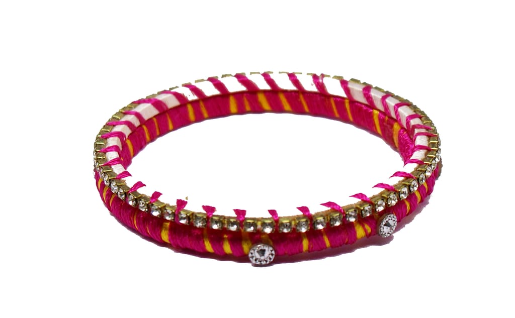 Pink Silk Thread Bangles with Rhinestones & Pearls