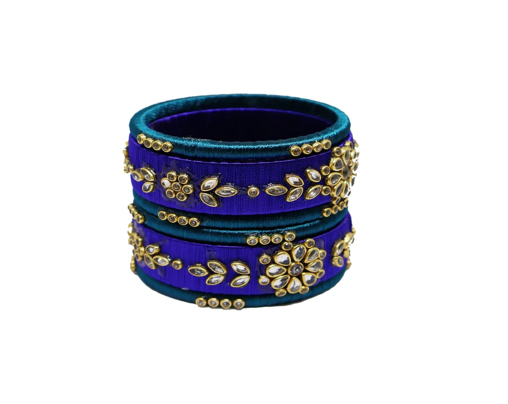 Royal Blue & Teal Silk Thread Bangles with Golden Embellishments