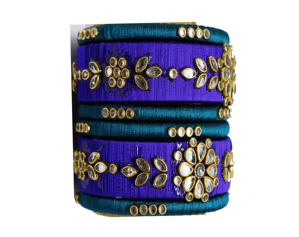 Royal Blue & Teal Silk Thread Bangles with Golden Embellishments