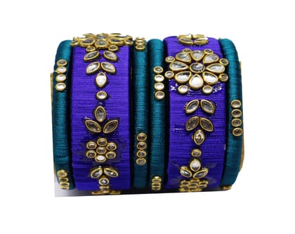 Royal Blue & Teal Silk Thread Bangles with Golden Embellishments
