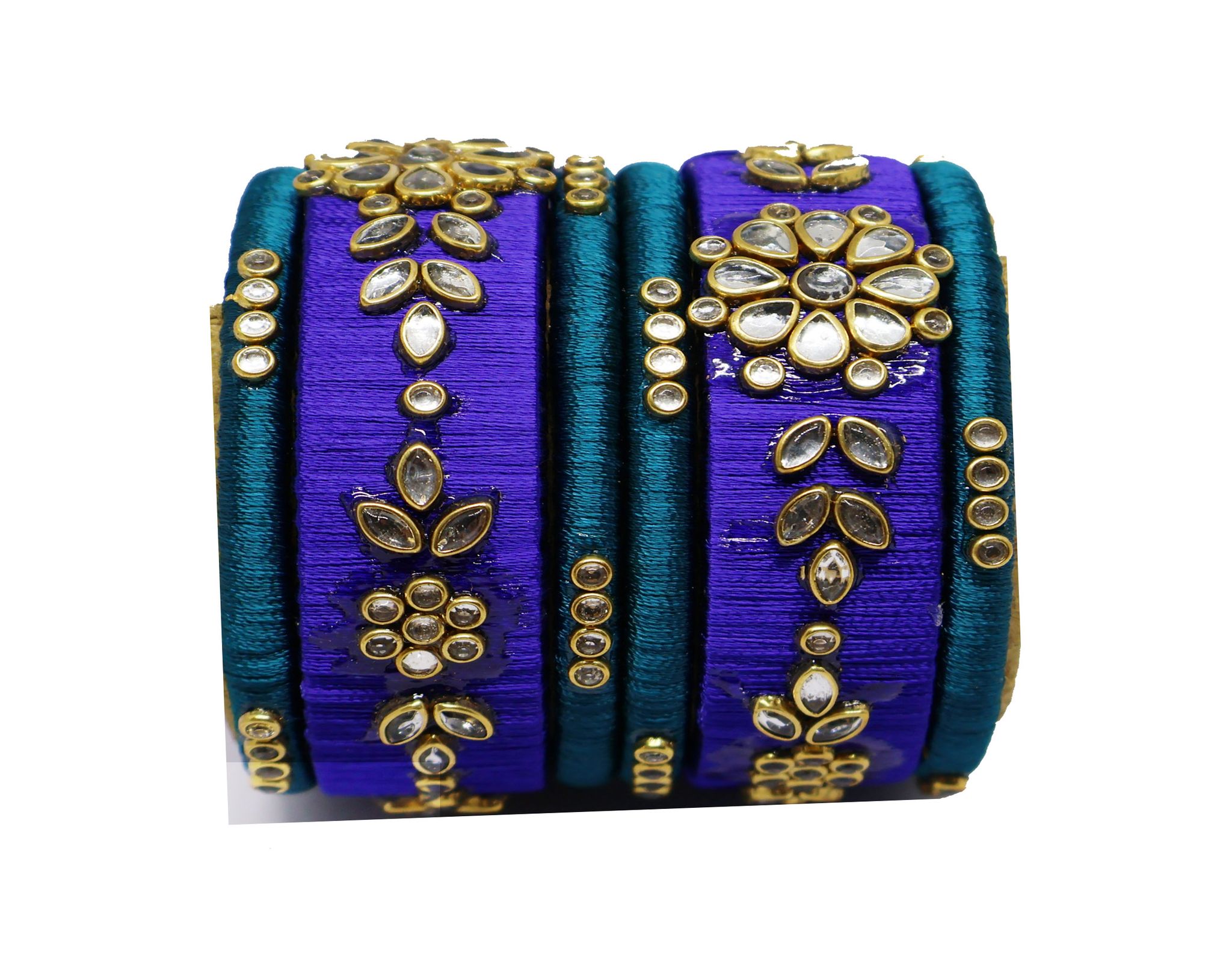 Royal Blue & Teal Silk Thread Bangles with Golden Embellishments