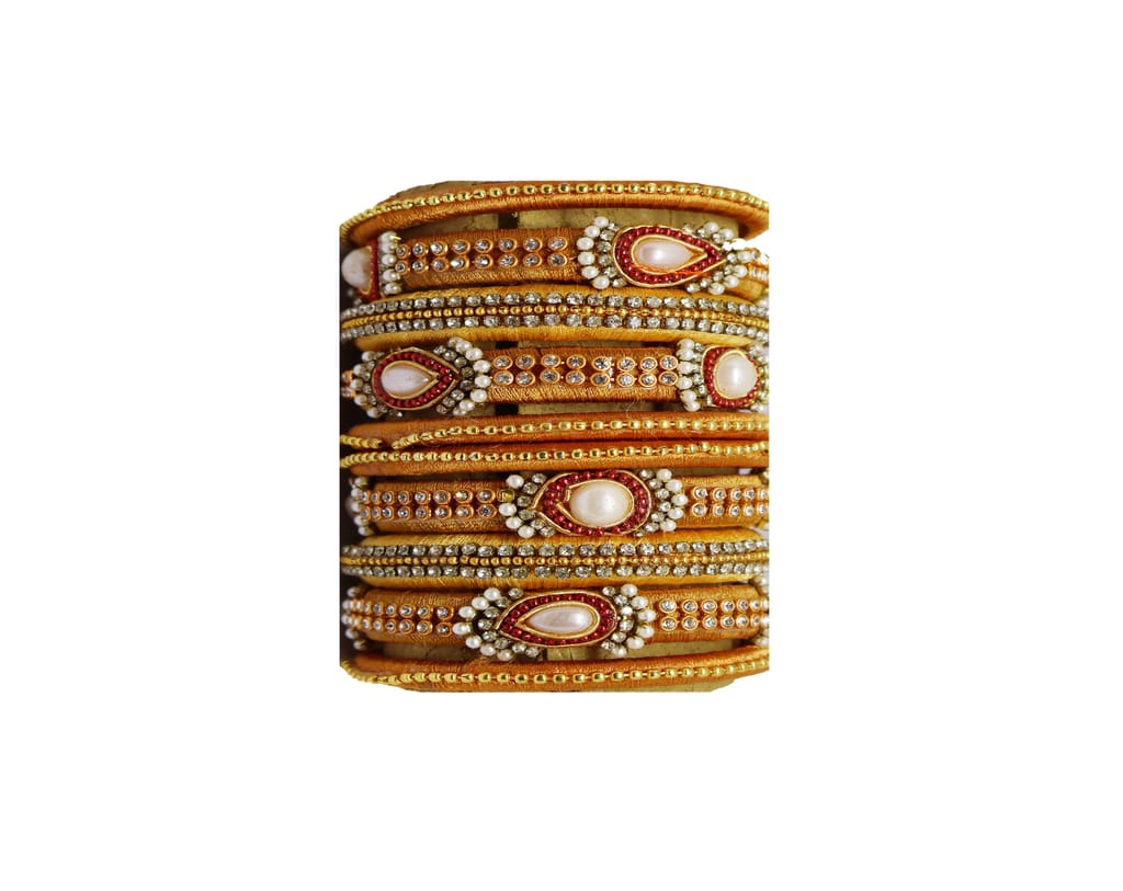 Golden Embellished Thread Bangles with Crystals and Pearls