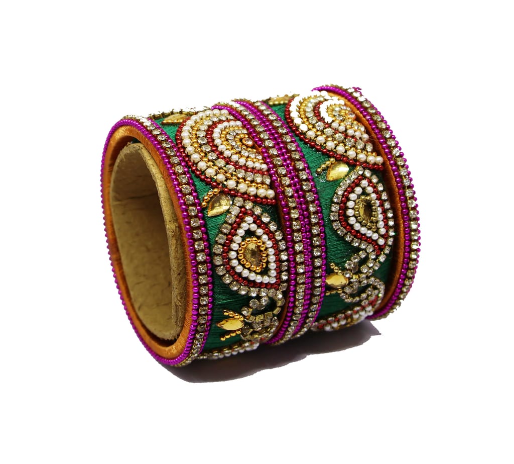 Green Fabric Embellished Thread Bangles with Rhinestones & Pearls