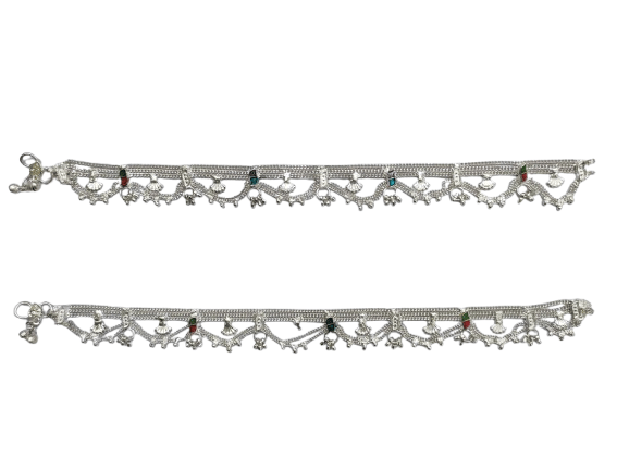 Silver Anklets with Dangles and Gemstone Accents