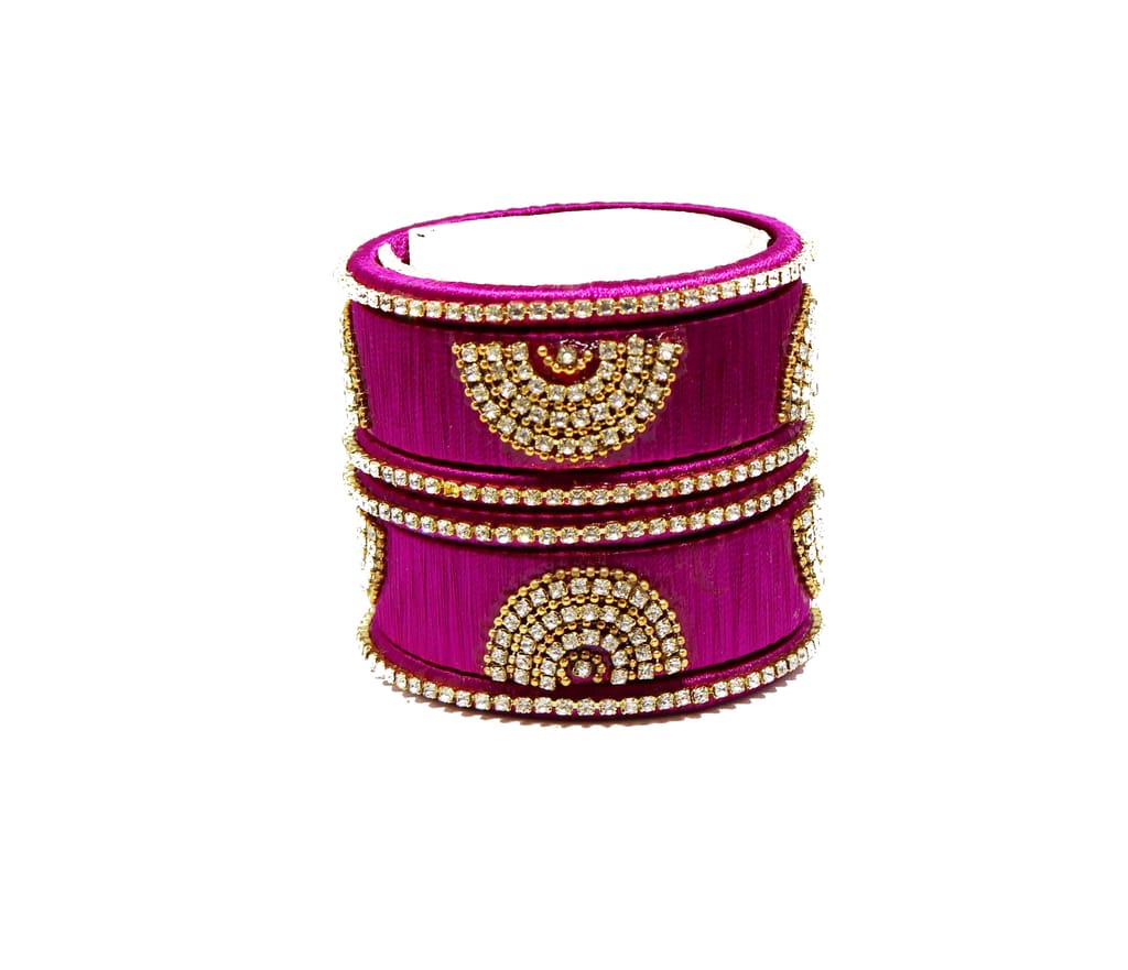 Magenta Silk Thread Bangles with Rhinestone Embellishments