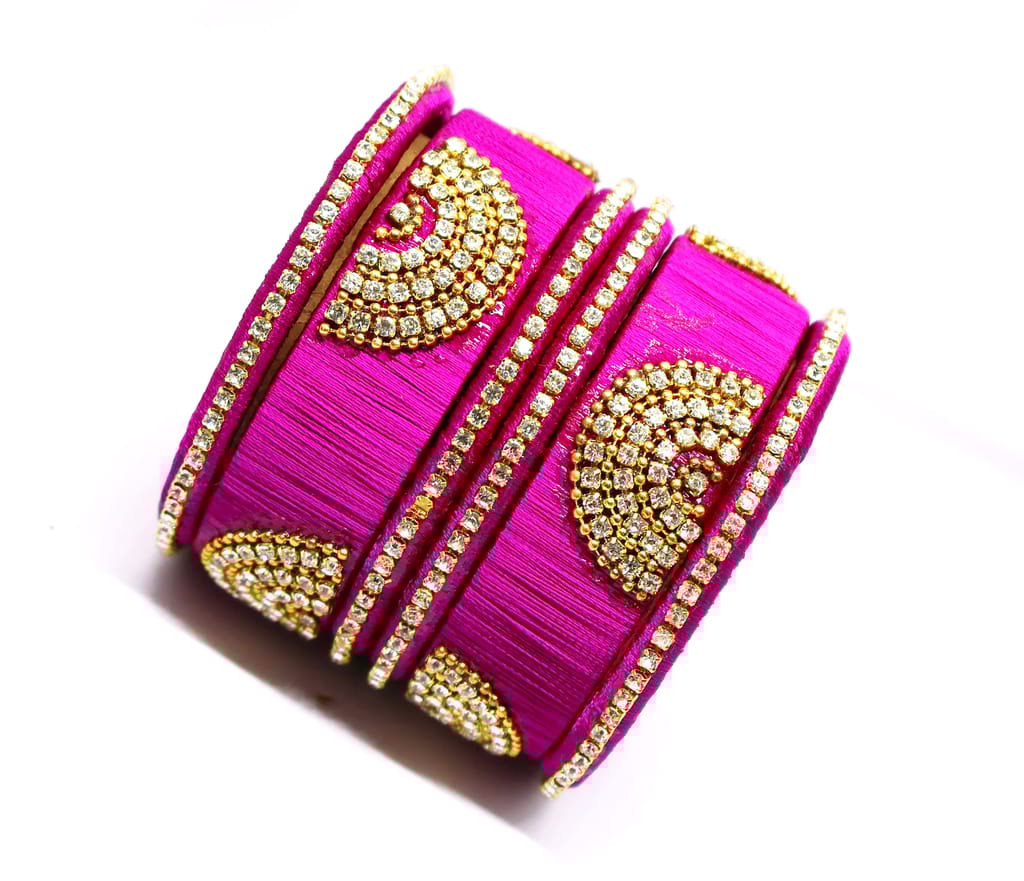 Magenta Silk Thread Bangles with Rhinestone Embellishments