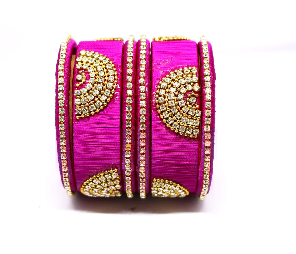 Magenta Silk Thread Bangles with Rhinestone Embellishments