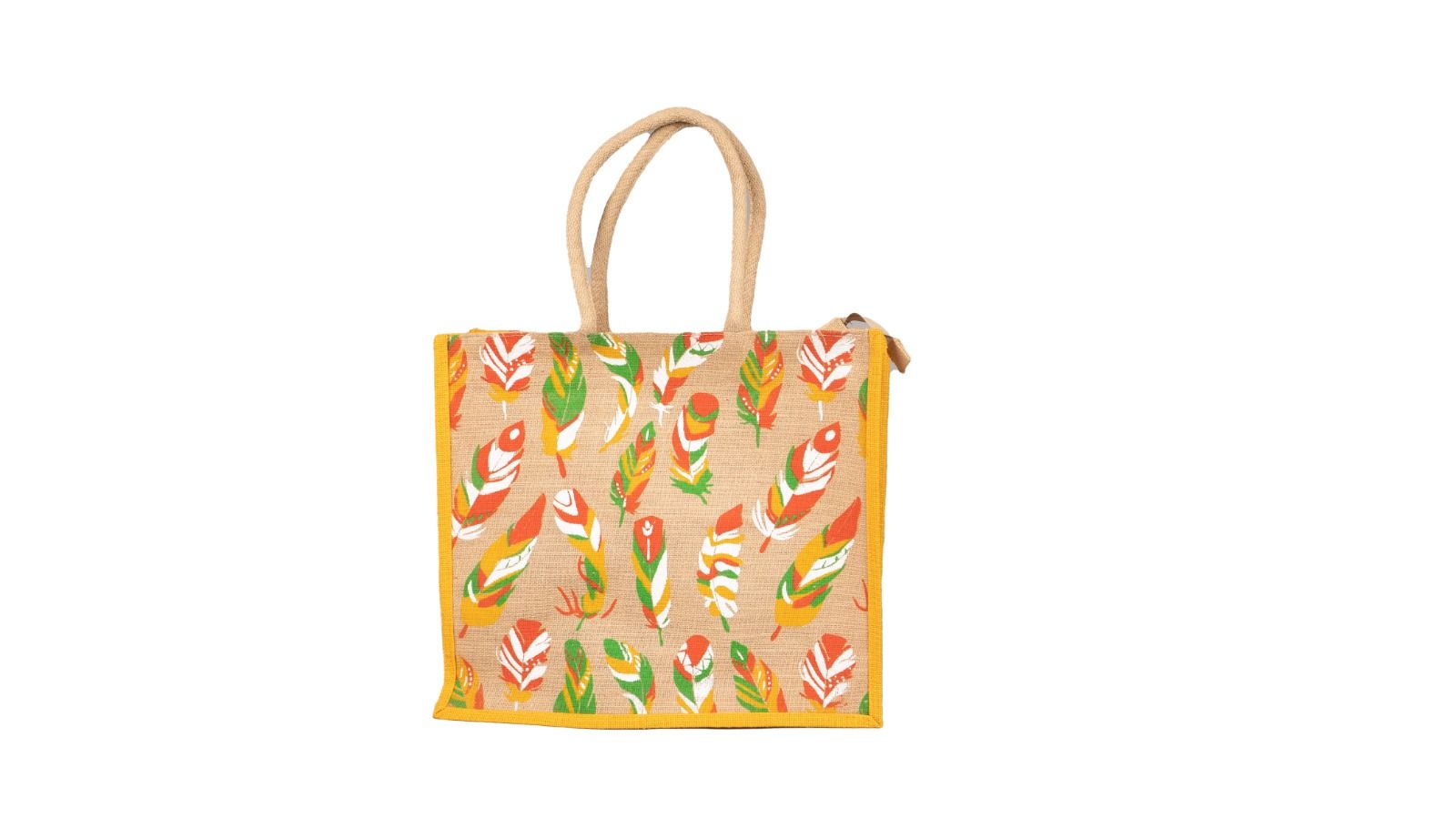 Feather Print Jute Tote Bag - Eco-Friendly & Stylish