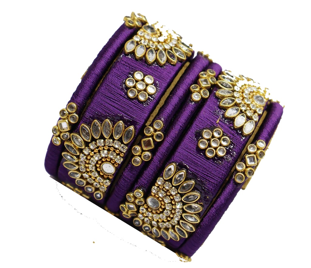 Purple Thread Bangles with Rhinestone & Golden Embellishments