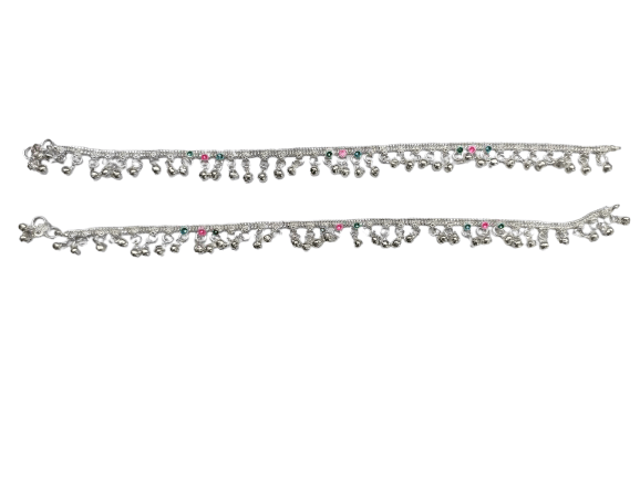 Silver Anklets with Bells and Colorful Accents