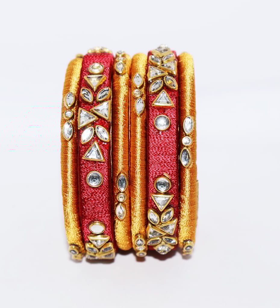 Red & Gold Thread Bangles Set with Rhinestone Embellishments