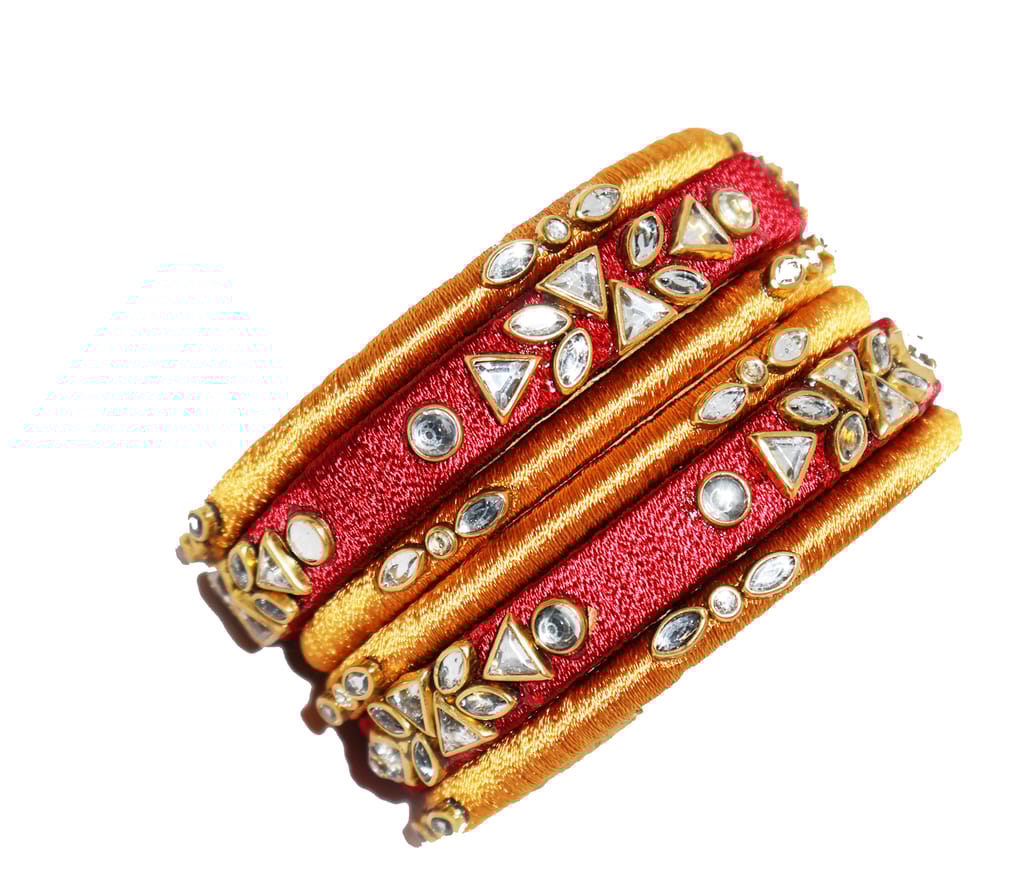 Red & Gold Thread Bangles Set with Rhinestone Embellishments
