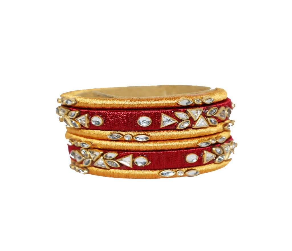Red & Gold Thread Bangles Set with Rhinestone Embellishments