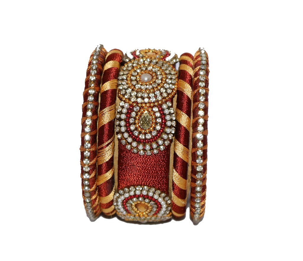 Maroon & Gold Thread Embellished Bangles