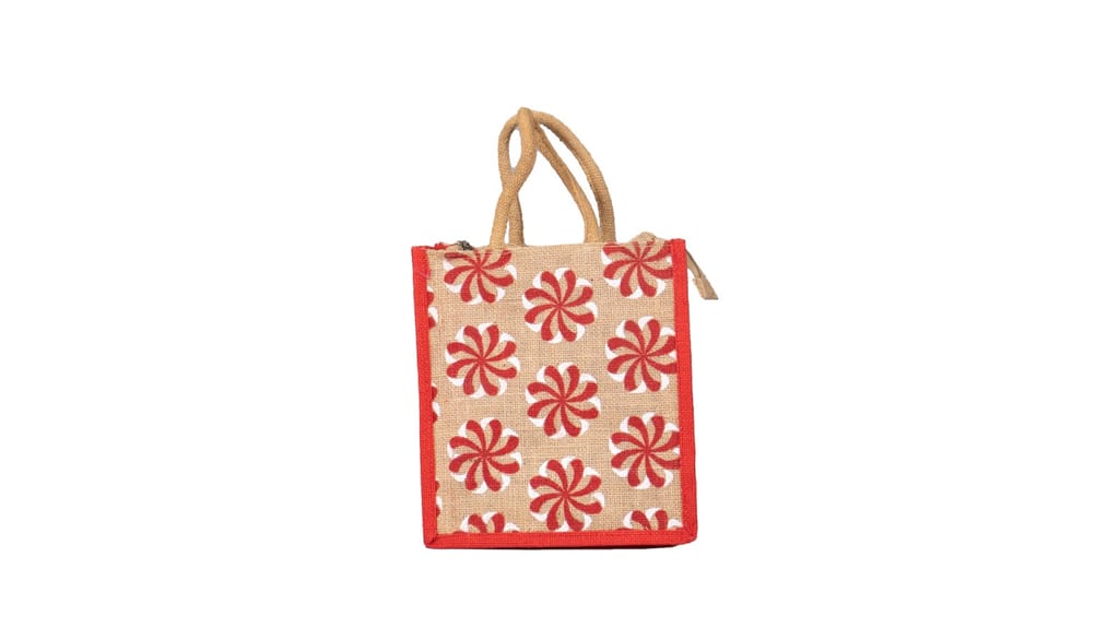 Jute Gift Bag with Red Floral Pattern
