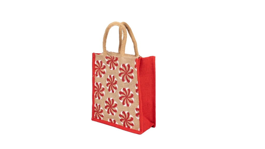 Jute Gift Bag with Red Floral Pattern