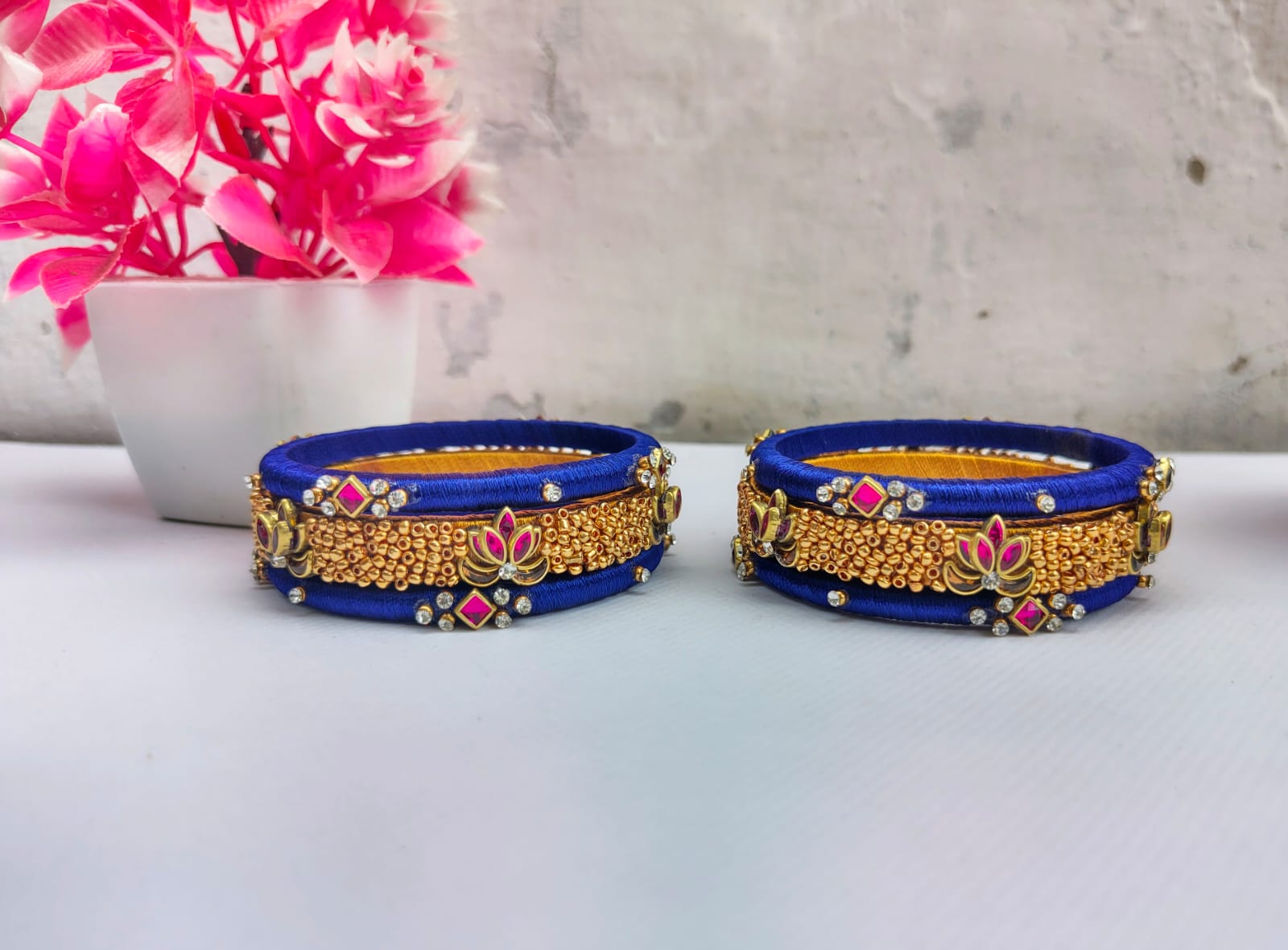 Blue Silk Thread Bangles with Gold Embellishments