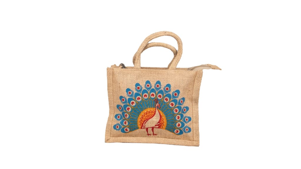 Peacock Design Jute Handbag - Eco-Friendly & Stylish
