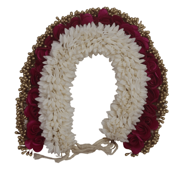 Floral Hair Accessory with White Petals, Burgundy Roses & Gold Beads