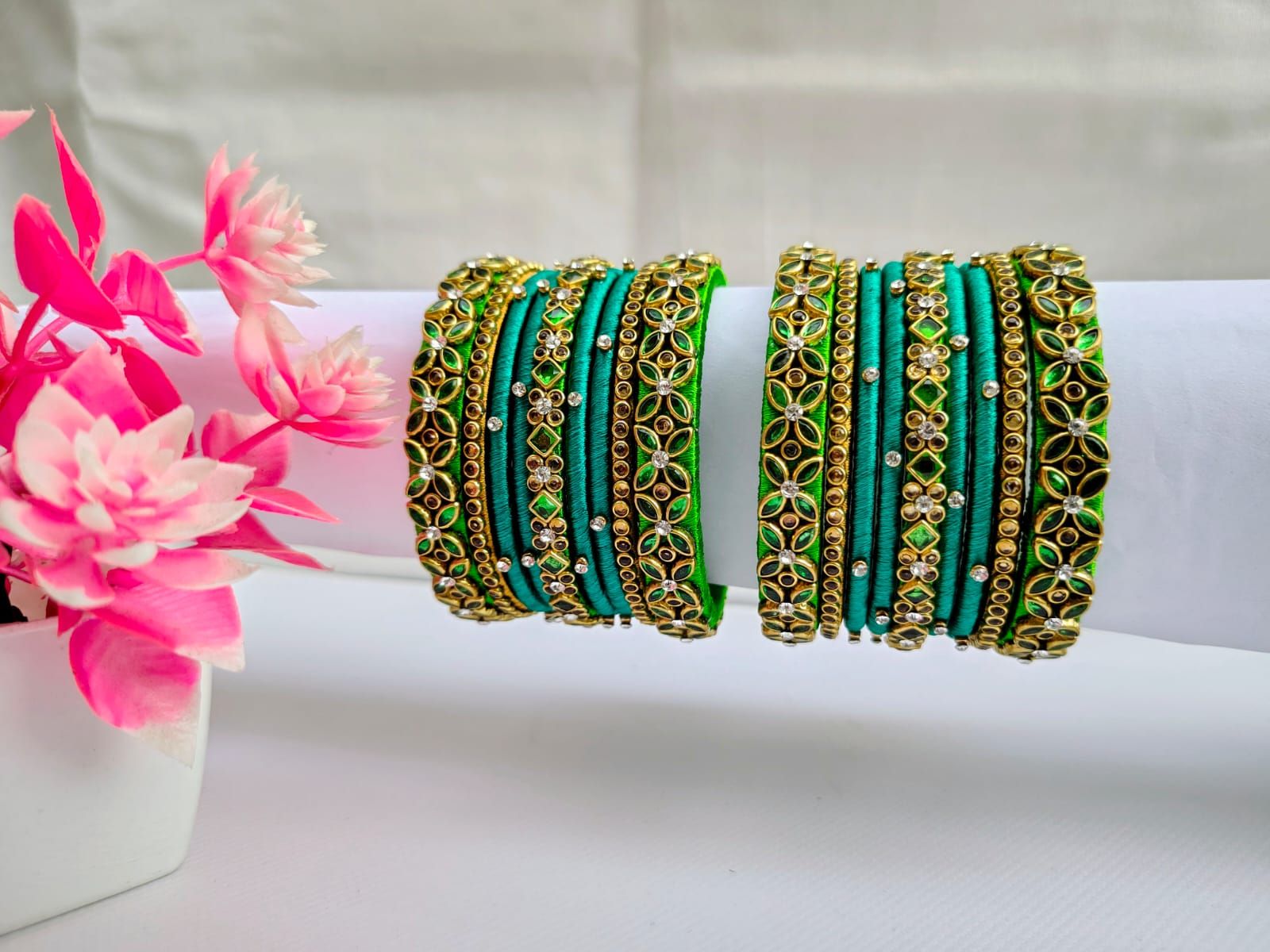 Green Silk Thread Bangles with Floral Embellishments