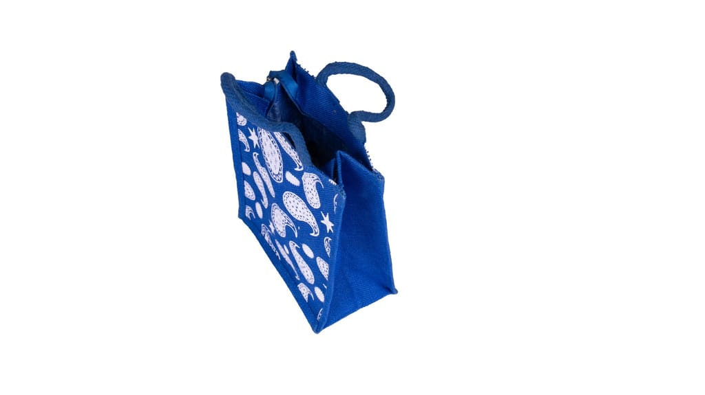 Blue Paisley Printed Jute Bag - Eco-Friendly Tote