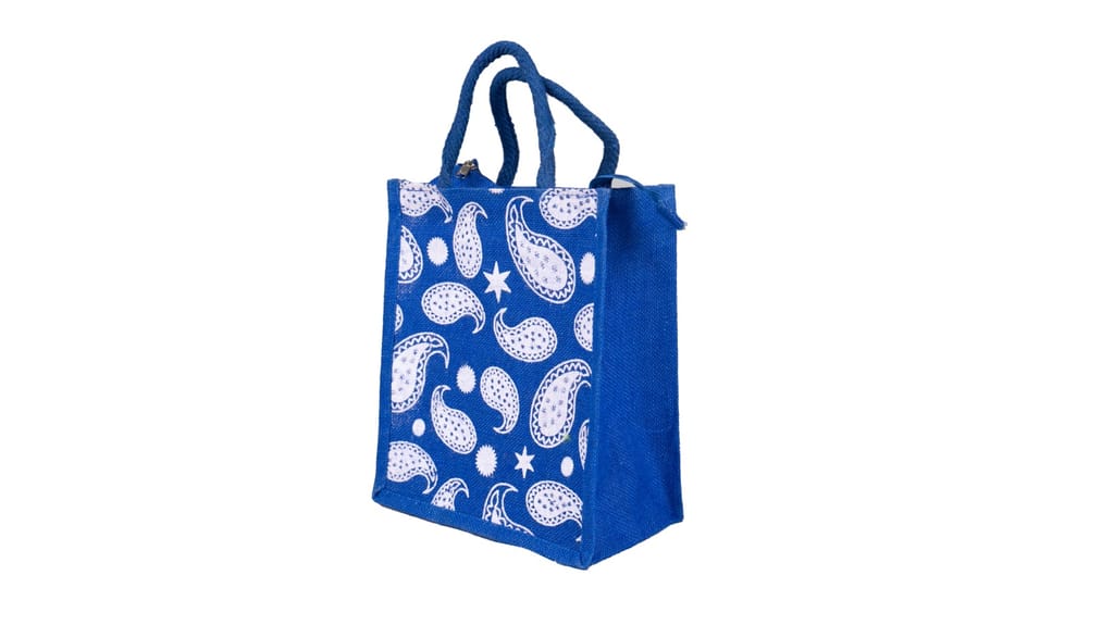 Blue Paisley Printed Jute Bag - Eco-Friendly Tote