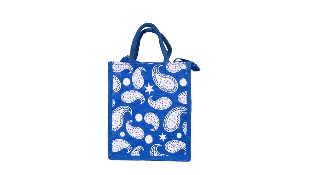Blue Paisley Printed Jute Bag - Eco-Friendly Tote
