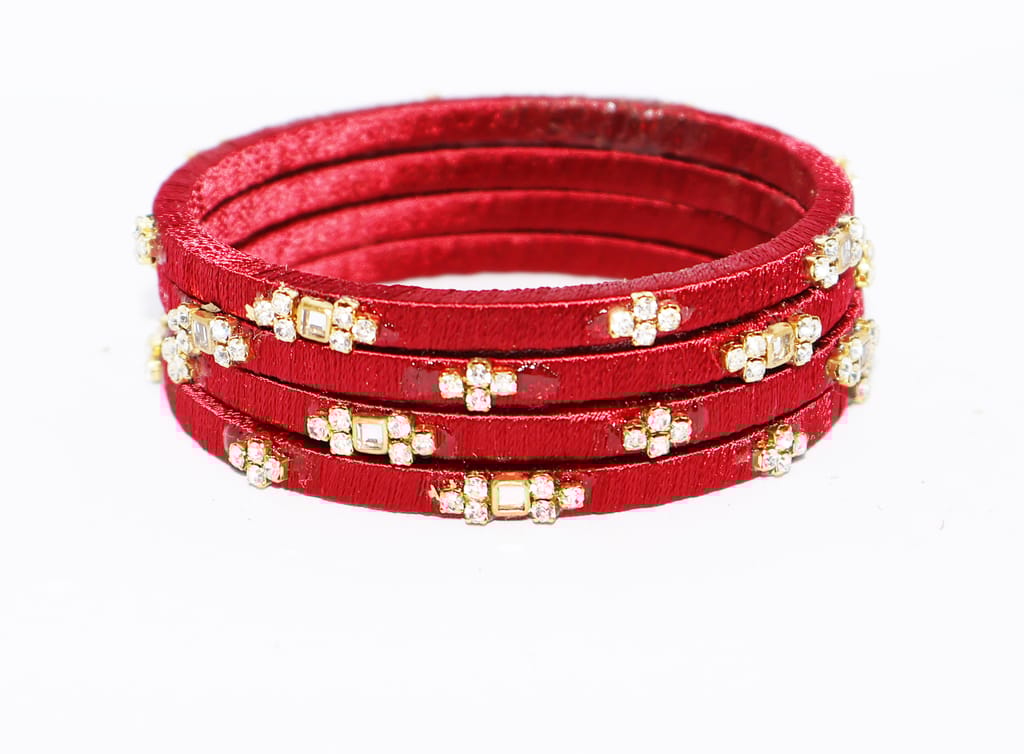 Red Silk Thread Bangles with Crystal Embellishments