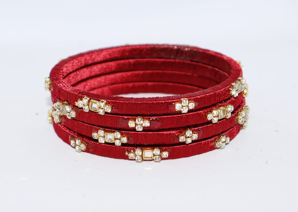 Red Silk Thread Bangles with Crystal Embellishments