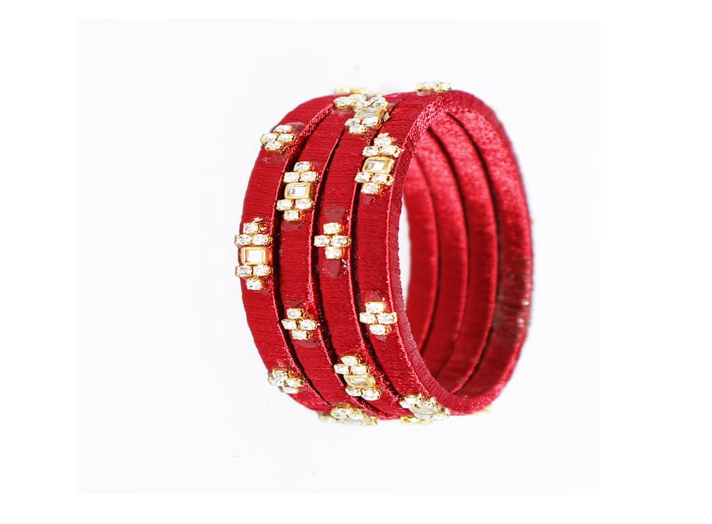 Red Silk Thread Bangles with Crystal Embellishments