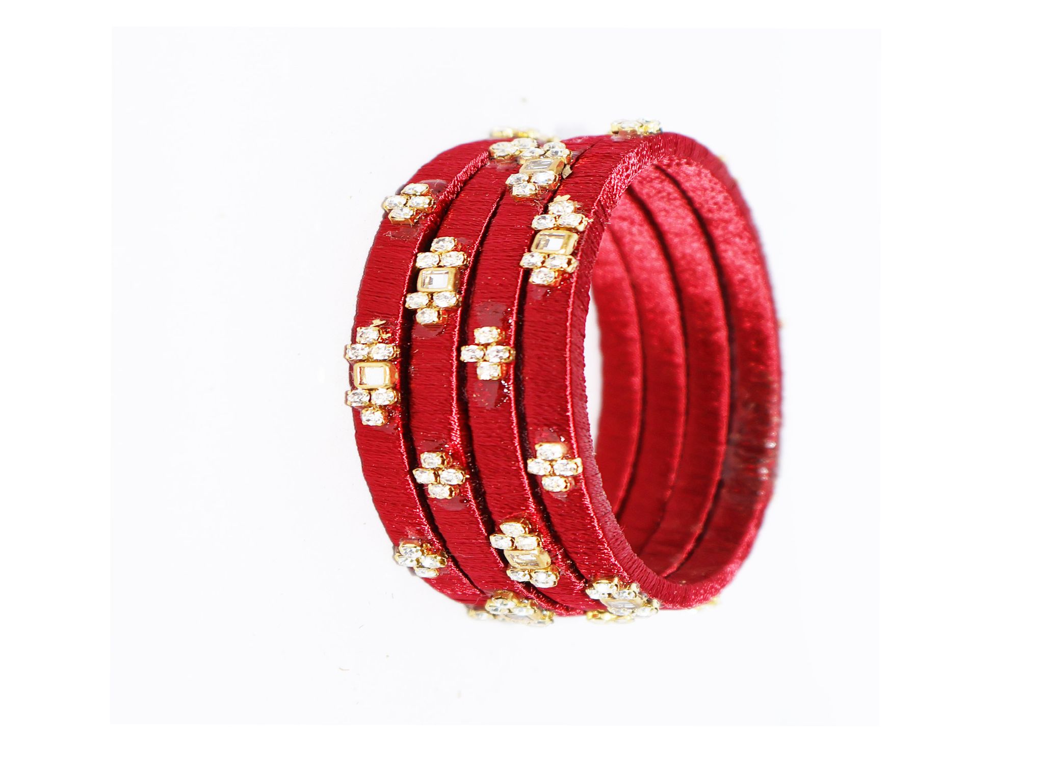 Red Silk Thread Bangles with Crystal Embellishments