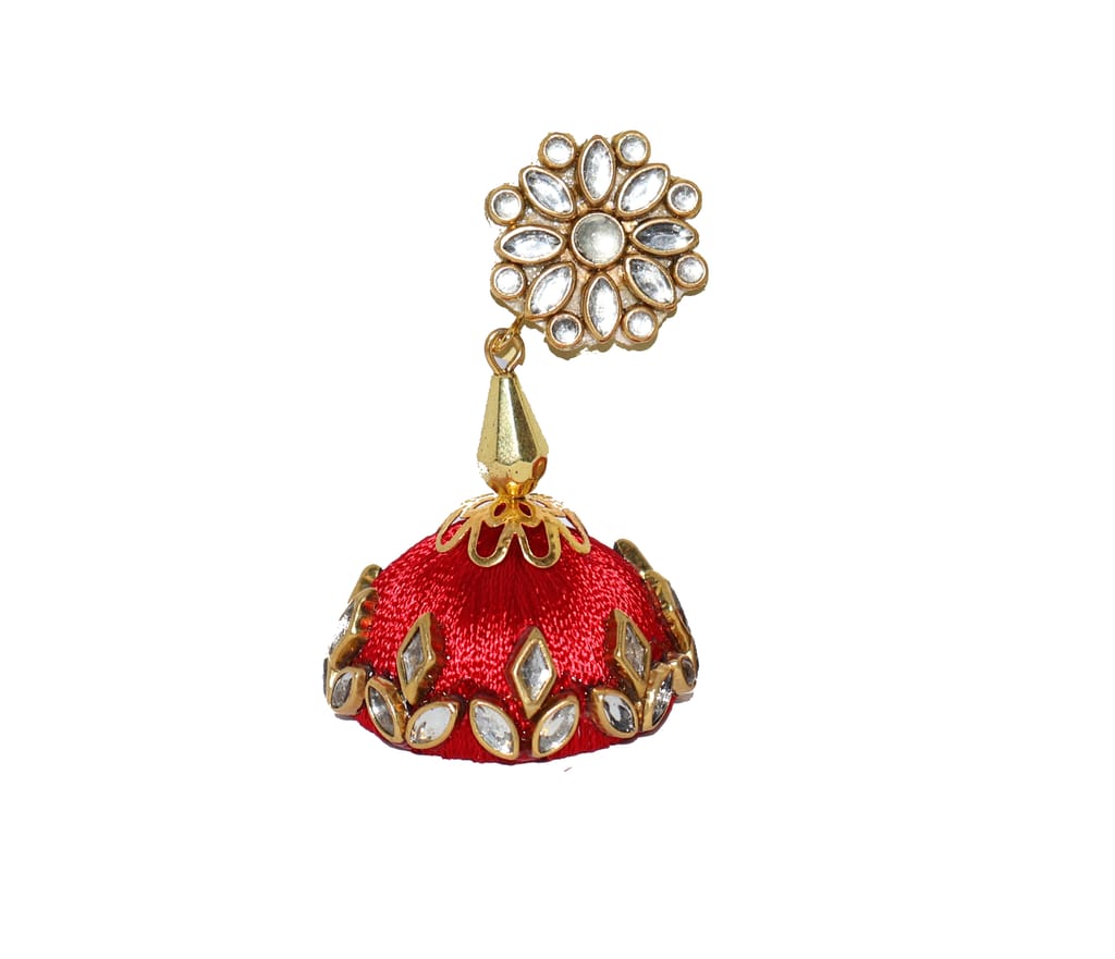 Red Silk Thread Jhumka Earrings with White Gemstones